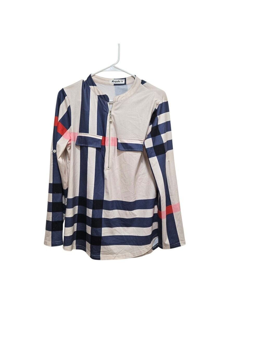Moyabo Plaid Zip Neck Top Medium Colorblock Long Sleeve